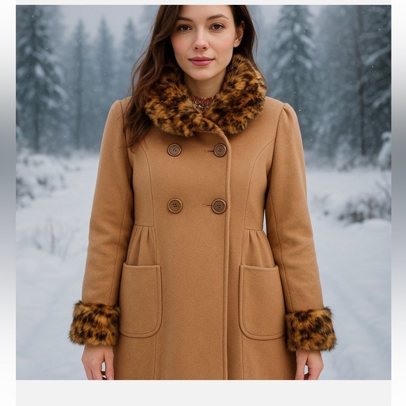 Jou Jou Jackets & Blazers - Jou Jou Camel Pea Coat with Leopard Faux Fur Accents